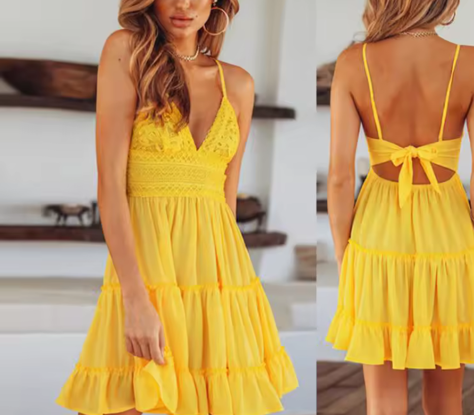 Elina™ | Short Ruffle Dress with Lace Bodice and Bow at the Back