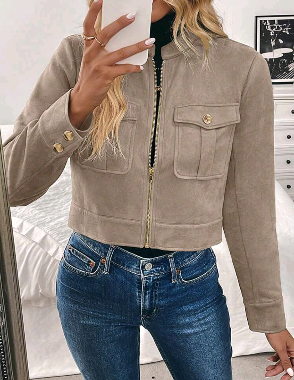 Selena™ | Short Jacket in Suede Imitation with Golden Details