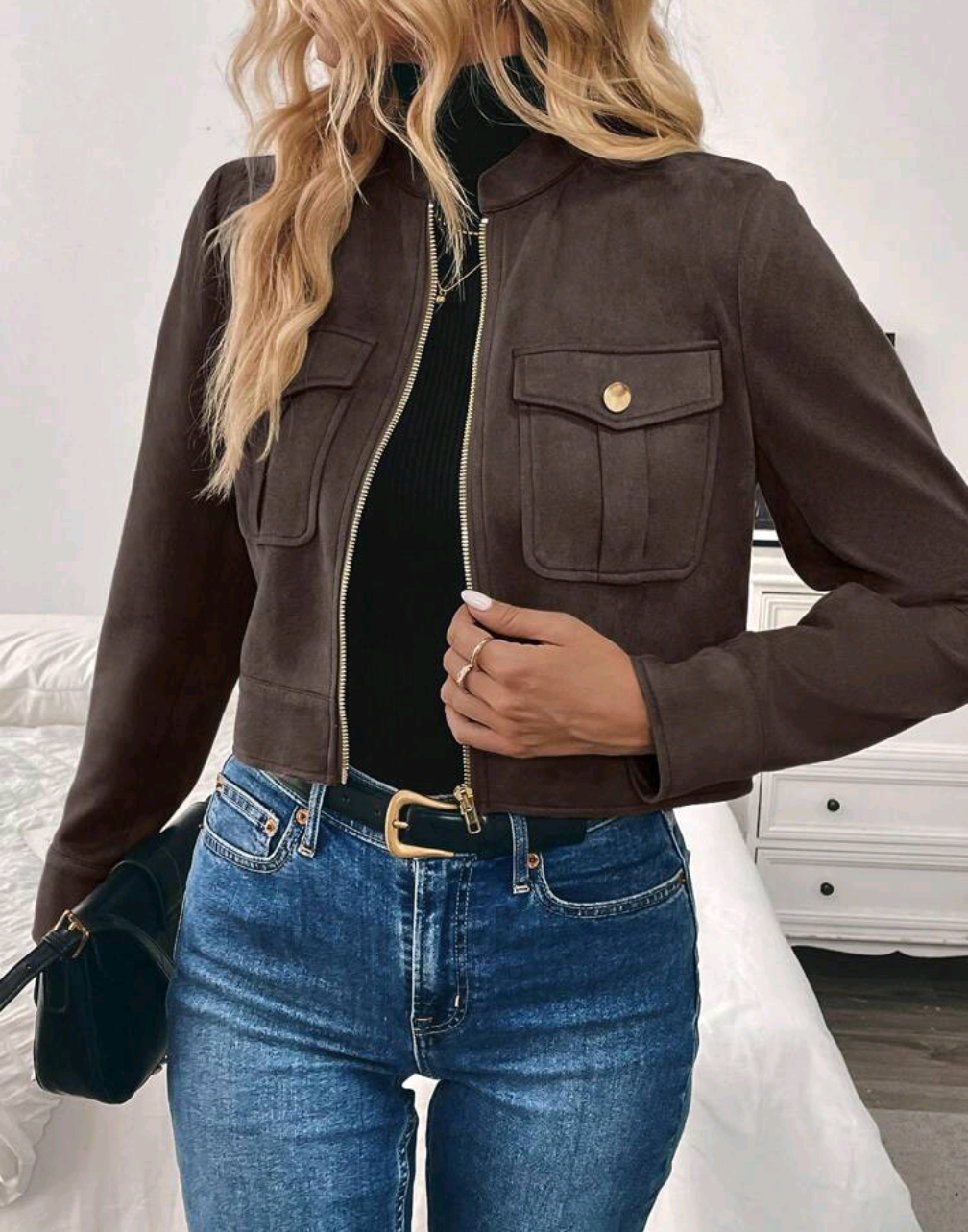 Selena™ | Short Jacket in Suede Imitation with Golden Details