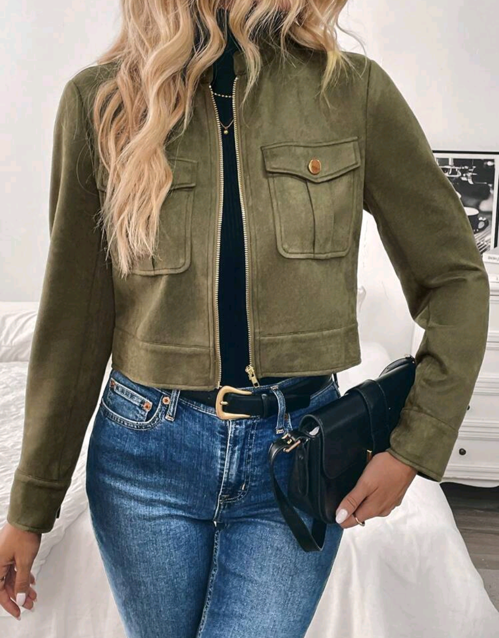 Selena™ | Short Jacket in Suede Imitation with Golden Details