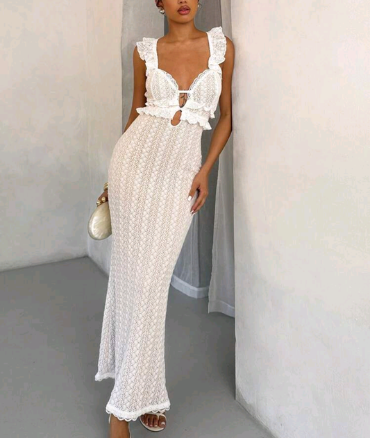 Amara™ | Long Lace Dress with Ruffles & Open Back