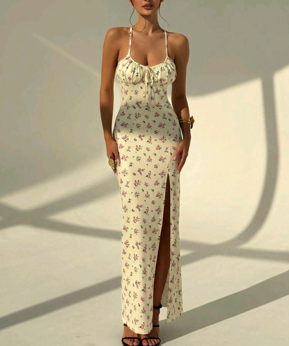Felina™ | Floral Maxi Dress with Slit and Bow
