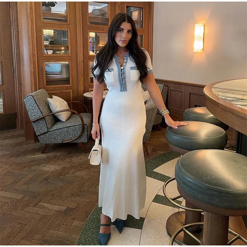 DALIA™ | Elegant Long Dress in Denim & Knitted Patchwork