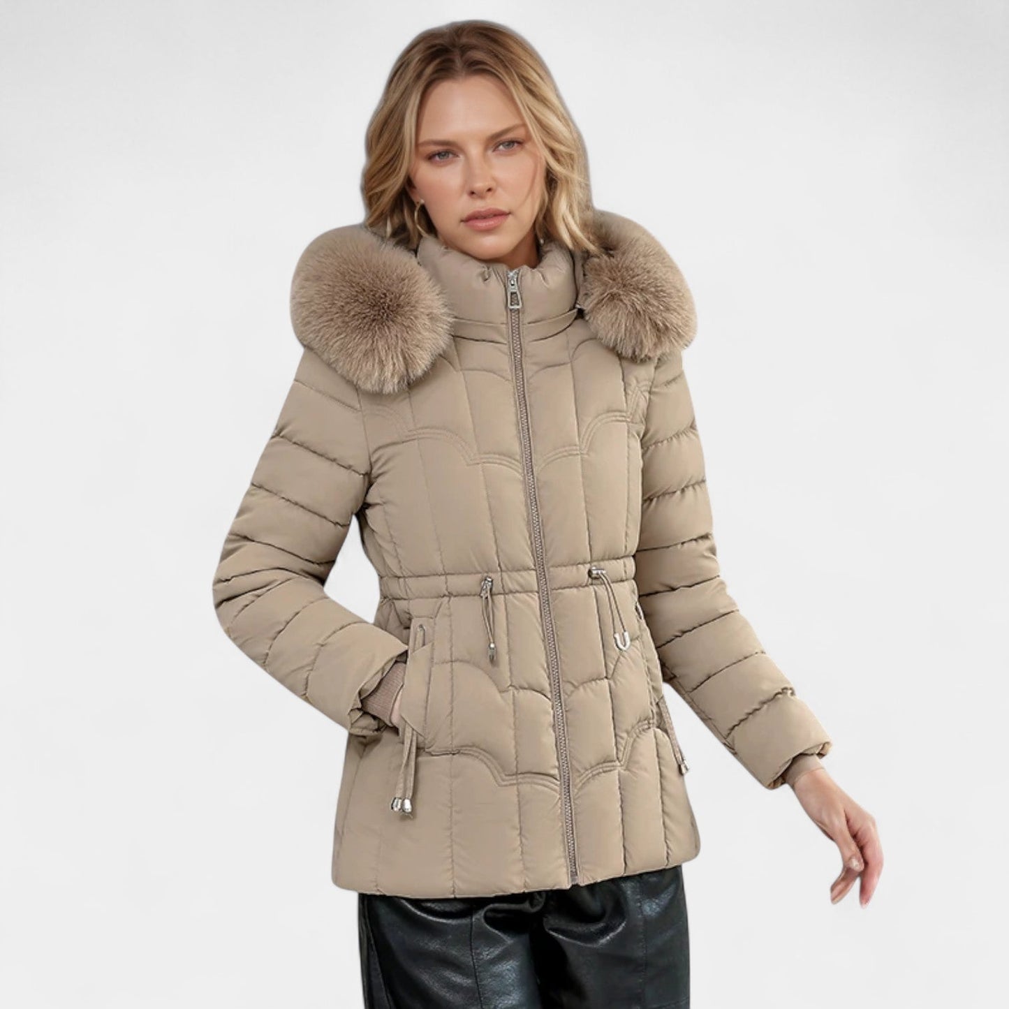 Elodie | Elegant Parkas med Fuskpäls och Justerbar Midja