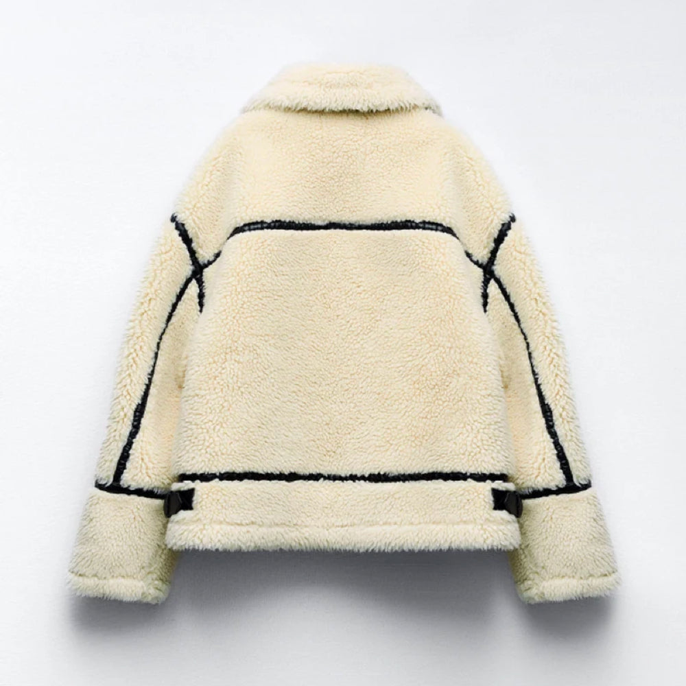 MALINA™ | Oversized Teddy Jacket in Faux Fur with Biker Details