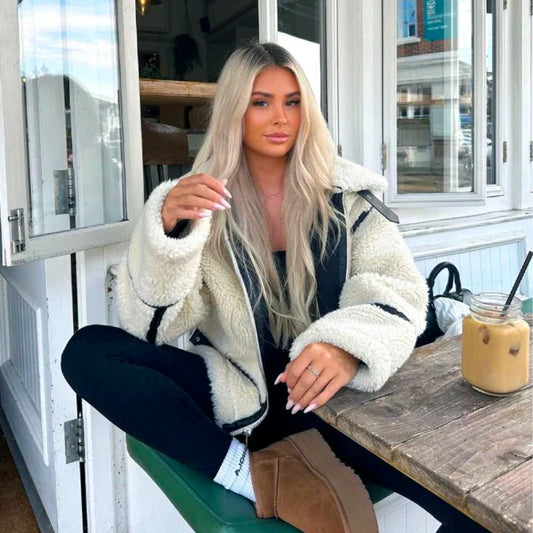 MALINA™ | Oversized Teddy Jacket in Faux Fur with Biker Details