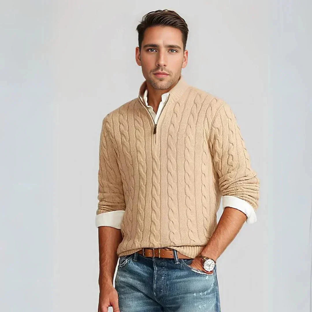NOAH™ | Knitted Men's Sweater with Half Zipper & Cable Pattern