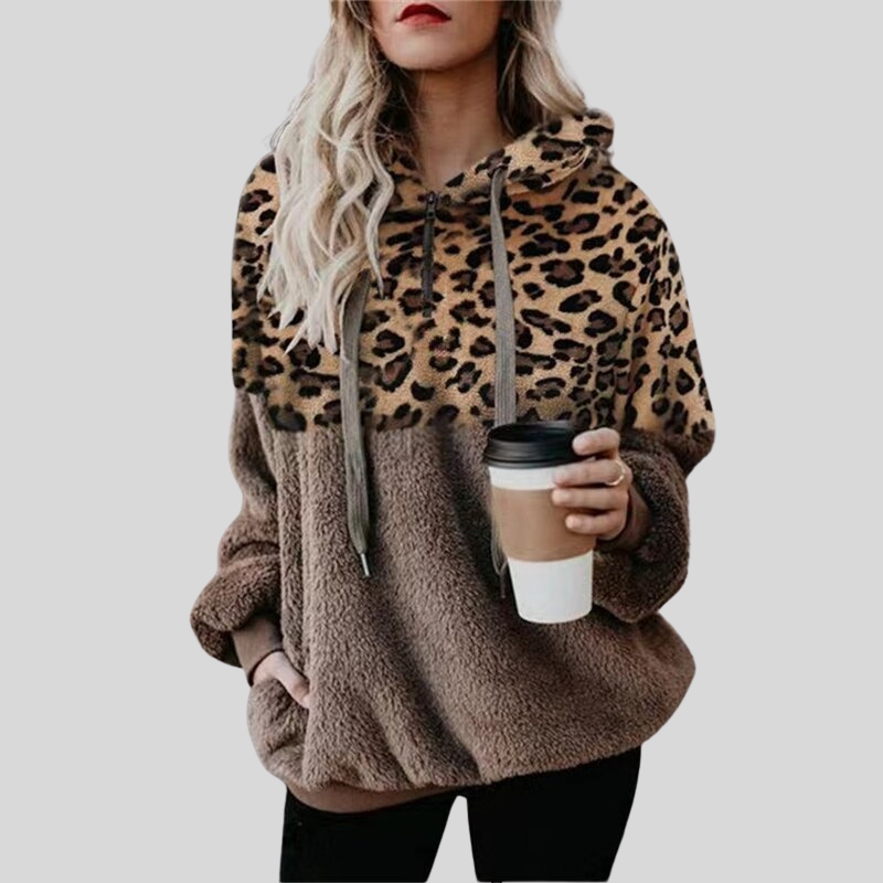 Hedoria – Avslappnad plyschhoodie för kvinnor med ficka och leopardmönster