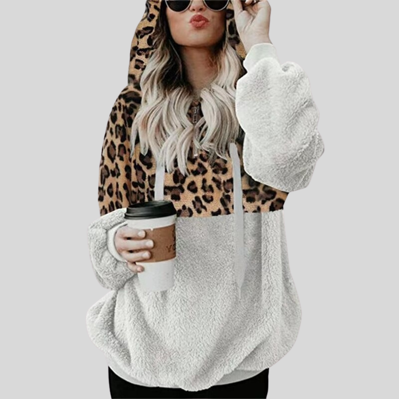 Hedoria – Avslappnad plyschhoodie för kvinnor med ficka och leopardmönster
