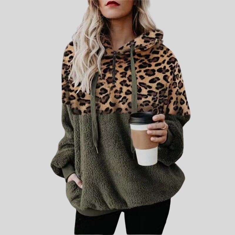 Hedoria – Avslappnad plyschhoodie för kvinnor med ficka och leopardmönster