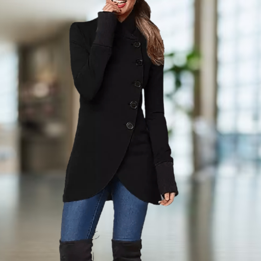 Women's Long Coat – Fitted Design with High Collar and Button Closure