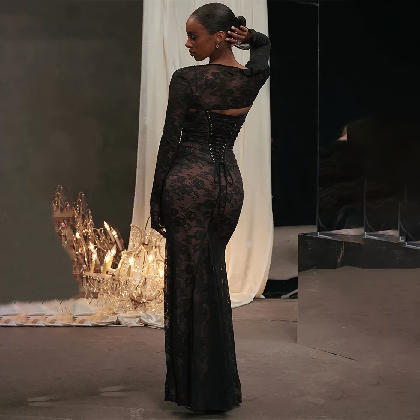 Allegra | Maxi Dress with Lace Embroidery and Adjustable Lacing
