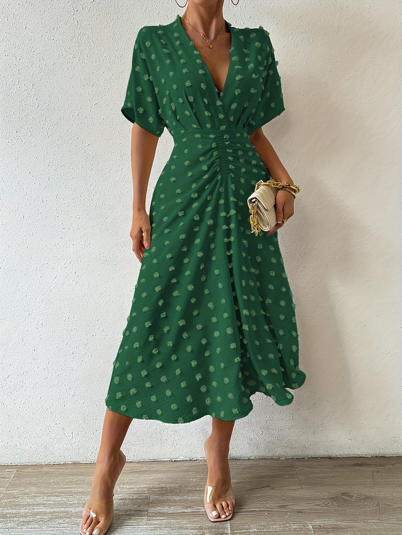Felicia – Polka Dot Midi Dress with Elegant Ruching Detail