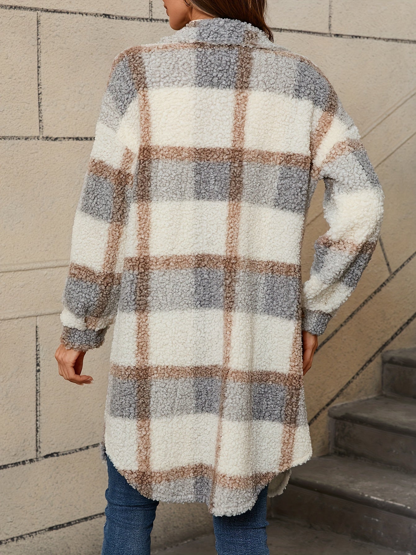 Freja™ | Long Fuzzy Jacket with Checkered Pattern & Button Closure