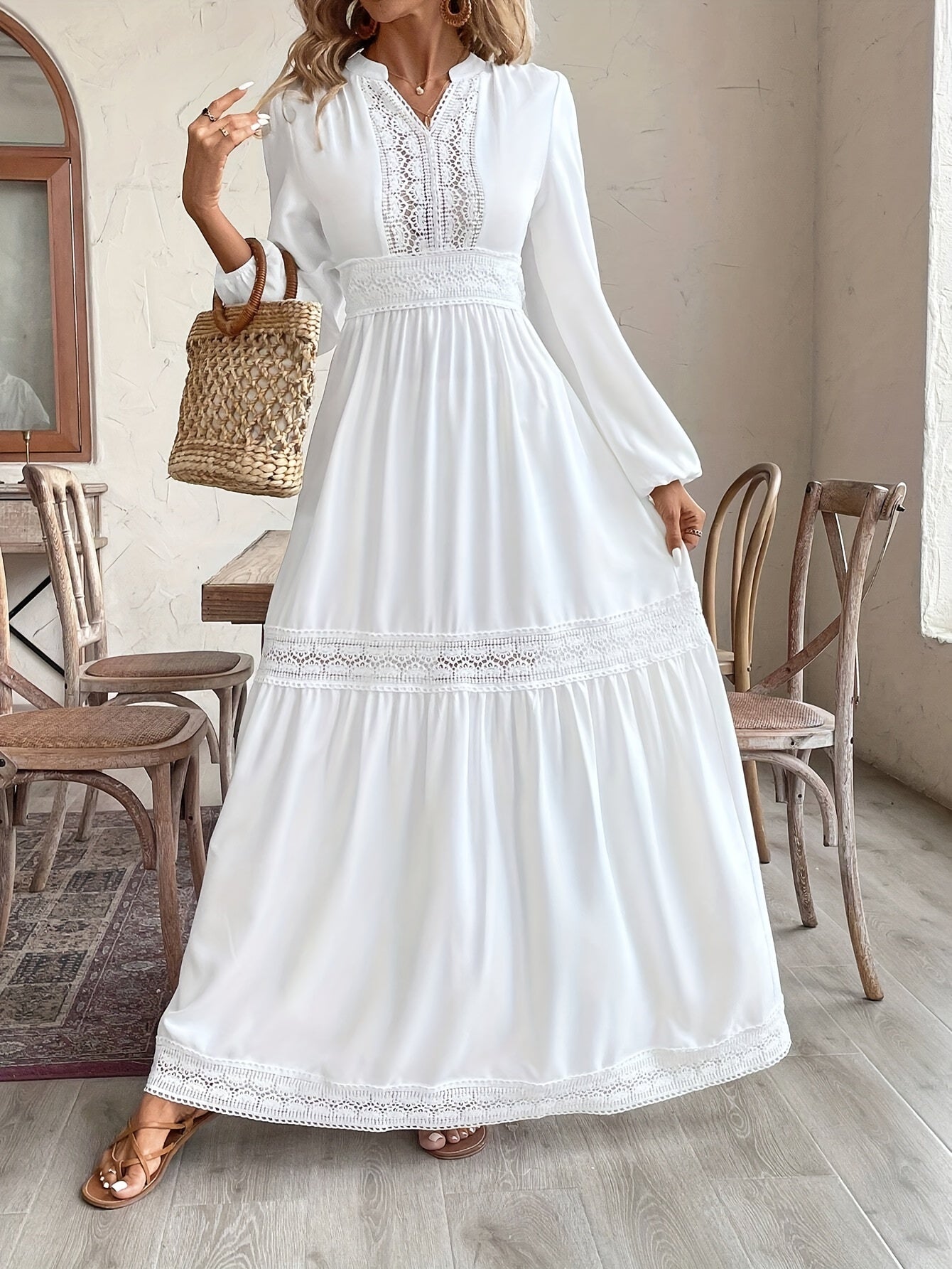 ISADORA™ | Elegant V-neck Long Dress with Lace Detail