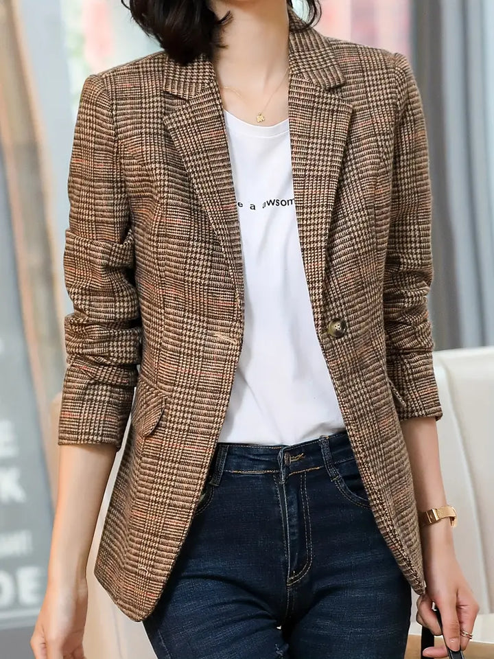 MARLENE™ | Dam Blazer med Rutigt Mönster och En-Knappsstängning