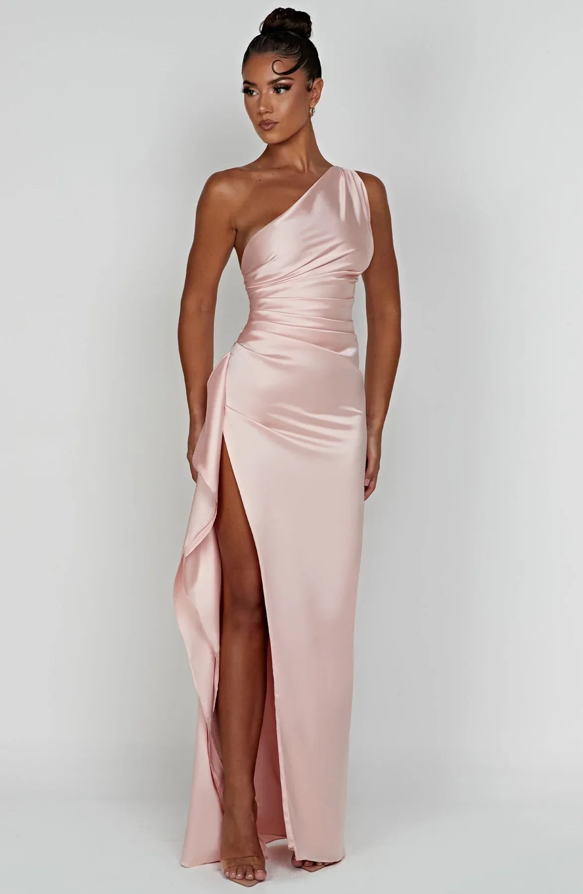 Sélène | Pleated Satin Dress with One Shoulder
