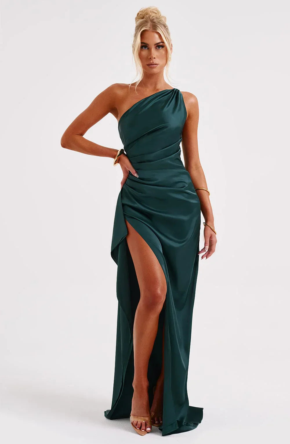 Sélène | Pleated Satin Dress with One Shoulder