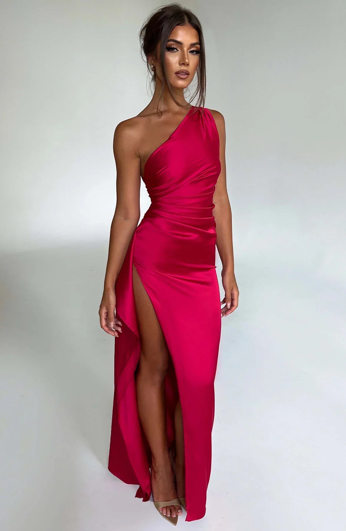 Sélène | Pleated Satin Dress with One Shoulder