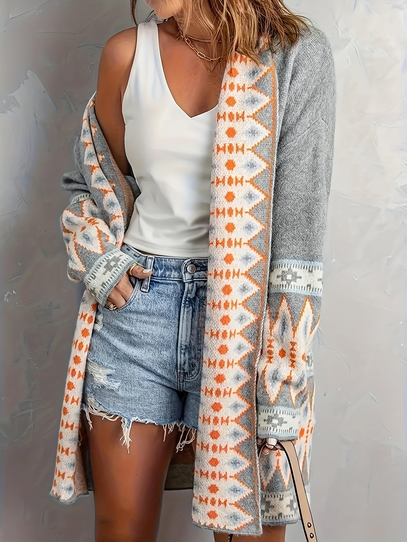 Élodie™ | Geometric Patterned Wool Knitted Cardigan