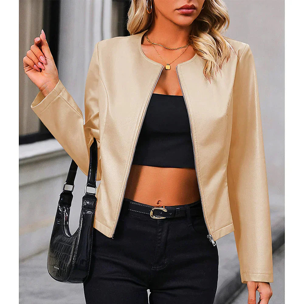 Women's Biker Jacket – Short Slim Fit Collarless Jacket with Zipper