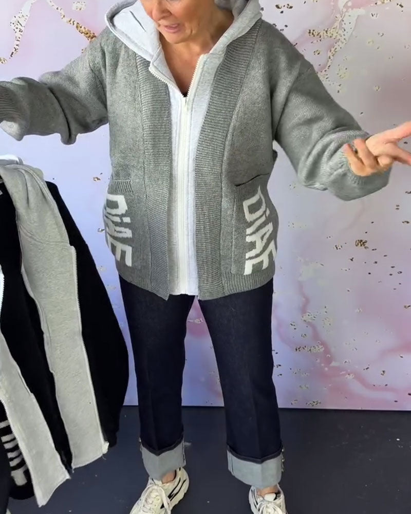 Bellaviva – Dame casual langærmet sweaterjakke med bogstaver – Stilfuld strikket sweater