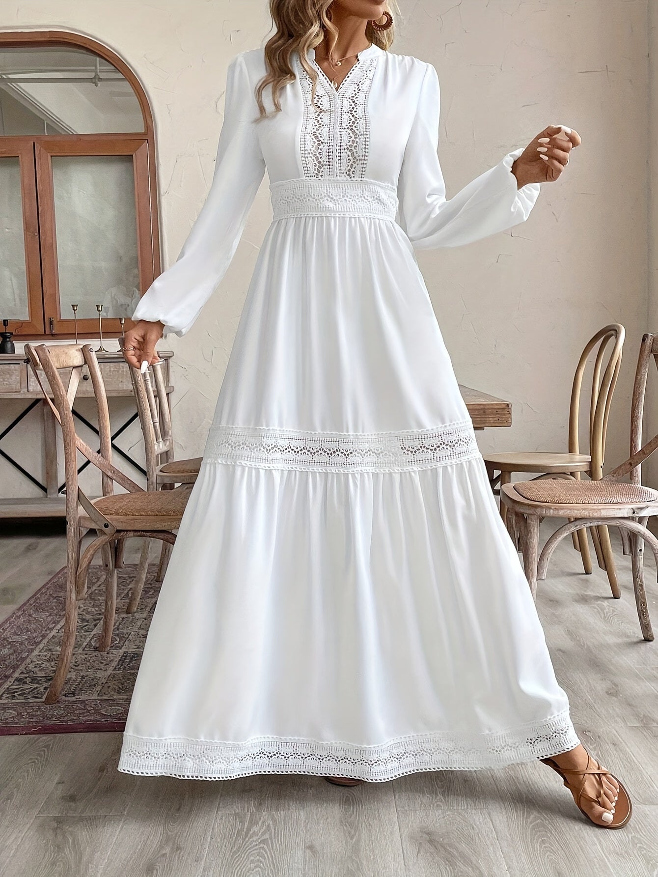 ISADORA™ | Elegant V-neck Long Dress with Lace Detail