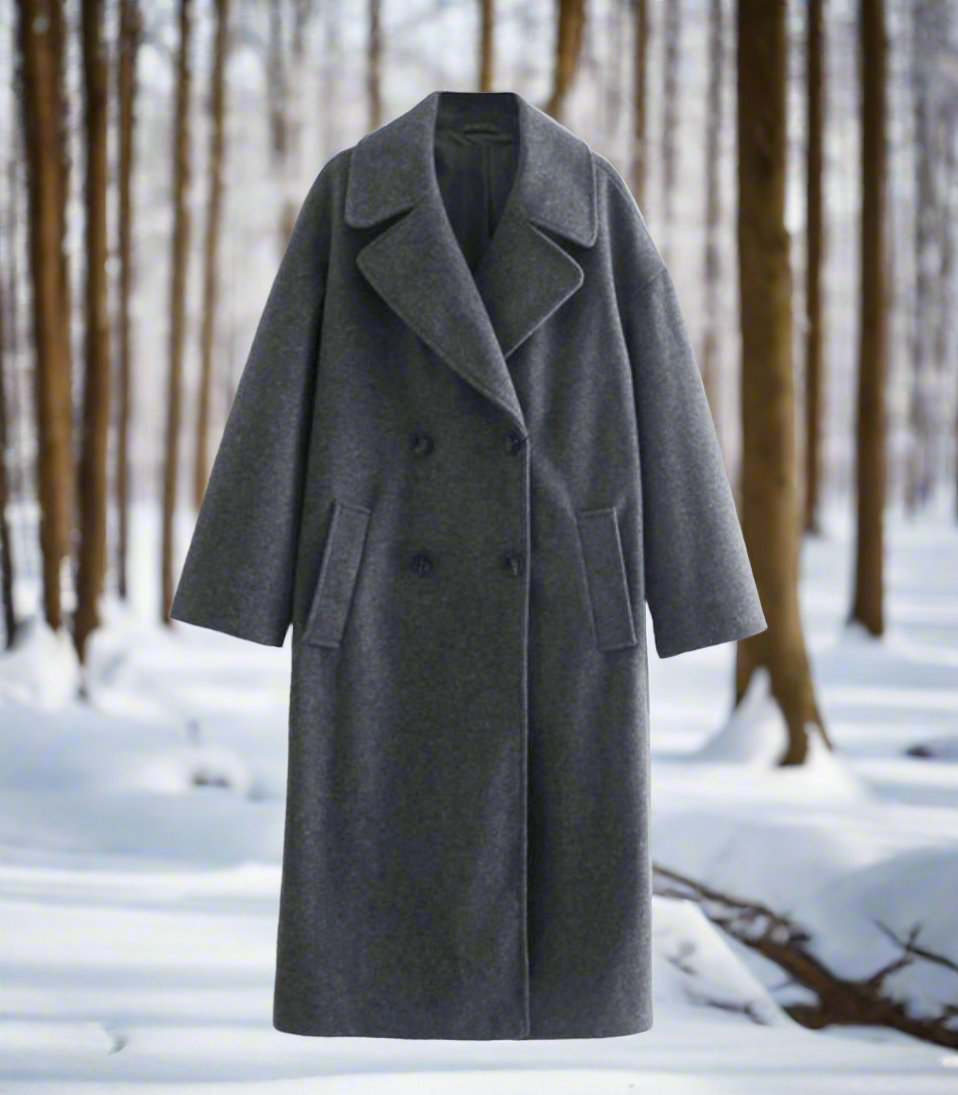 Women's Coat in Long Wool Blend – Double-Breasted with Wide Lapels
