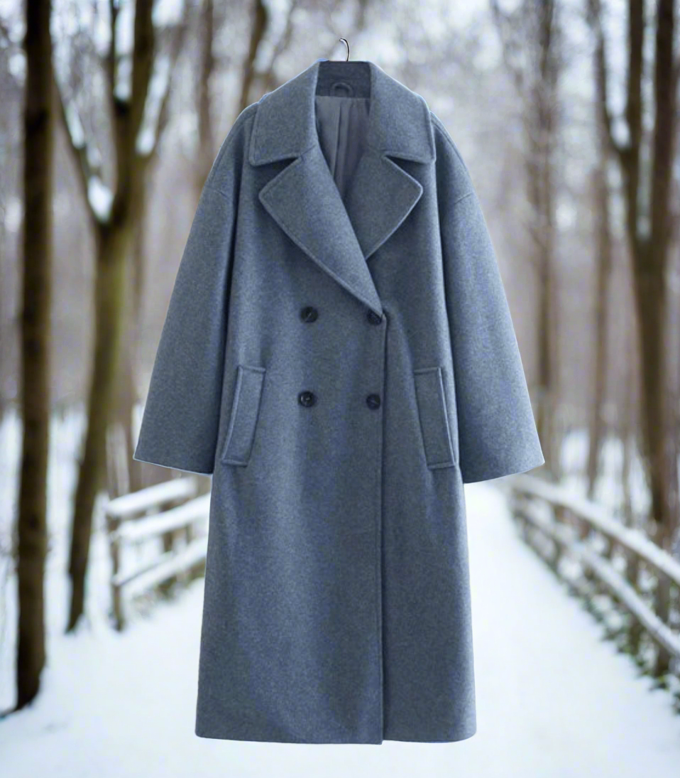 Women's Coat in Long Wool Blend – Double-Breasted with Wide Lapels