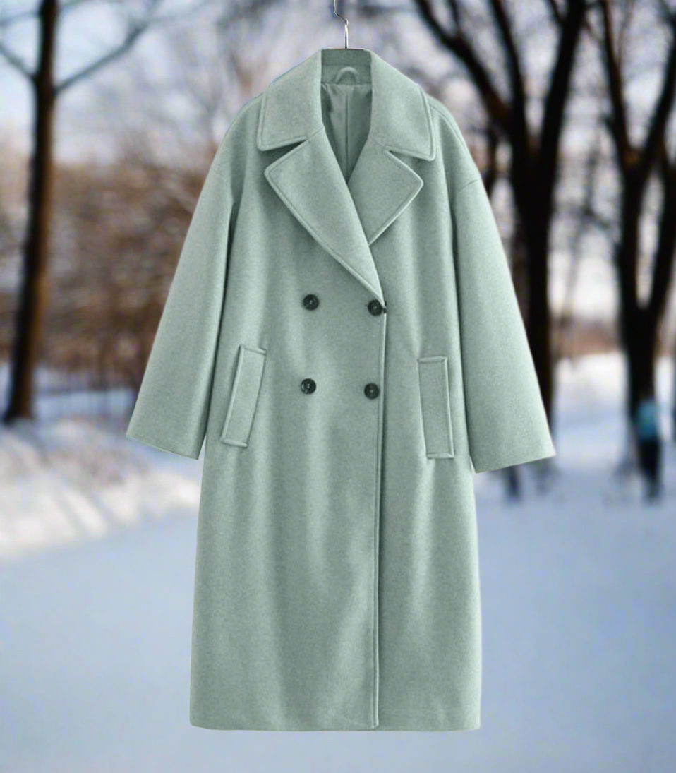 Women's Coat in Long Wool Blend – Double-Breasted with Wide Lapels