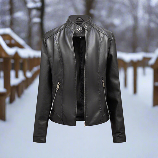 Veste en cuir pour femmes – Modèle slim fit style biker avec col montant et poches zippées