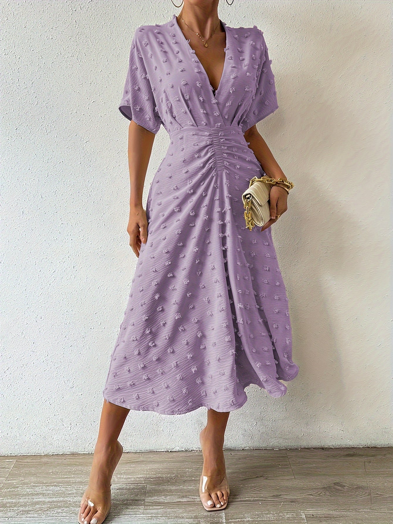 Felicia – Polka Dot Midi Dress with Elegant Ruching Detail