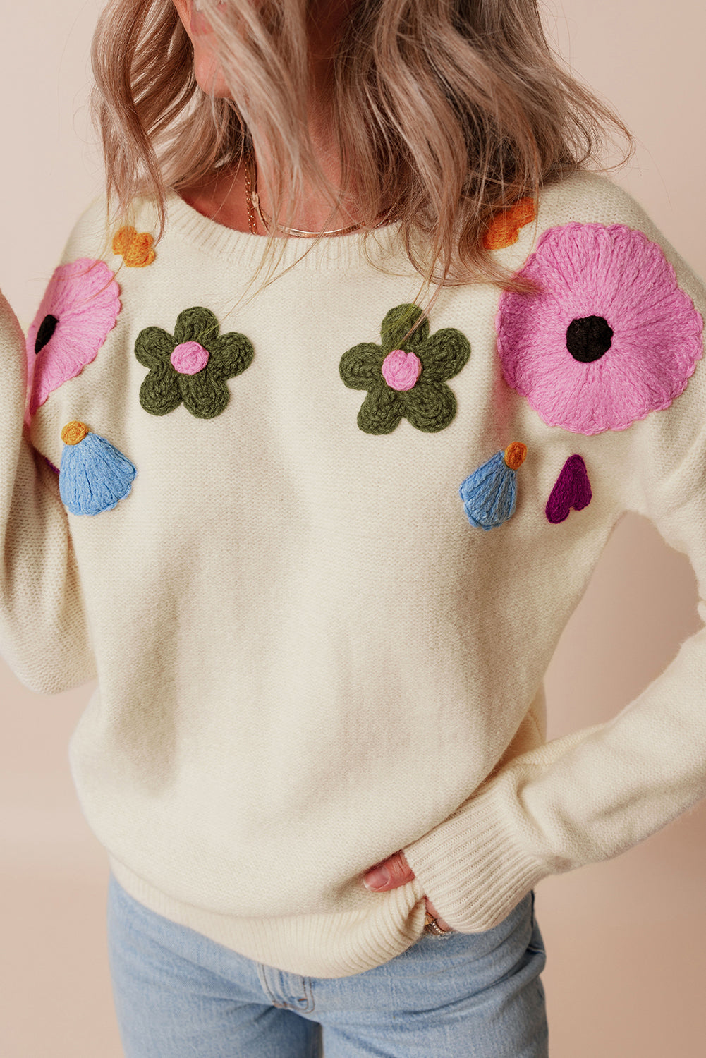 Veralyn strikket sweater med ribbede kanter og blomstermønster – Dame sweater