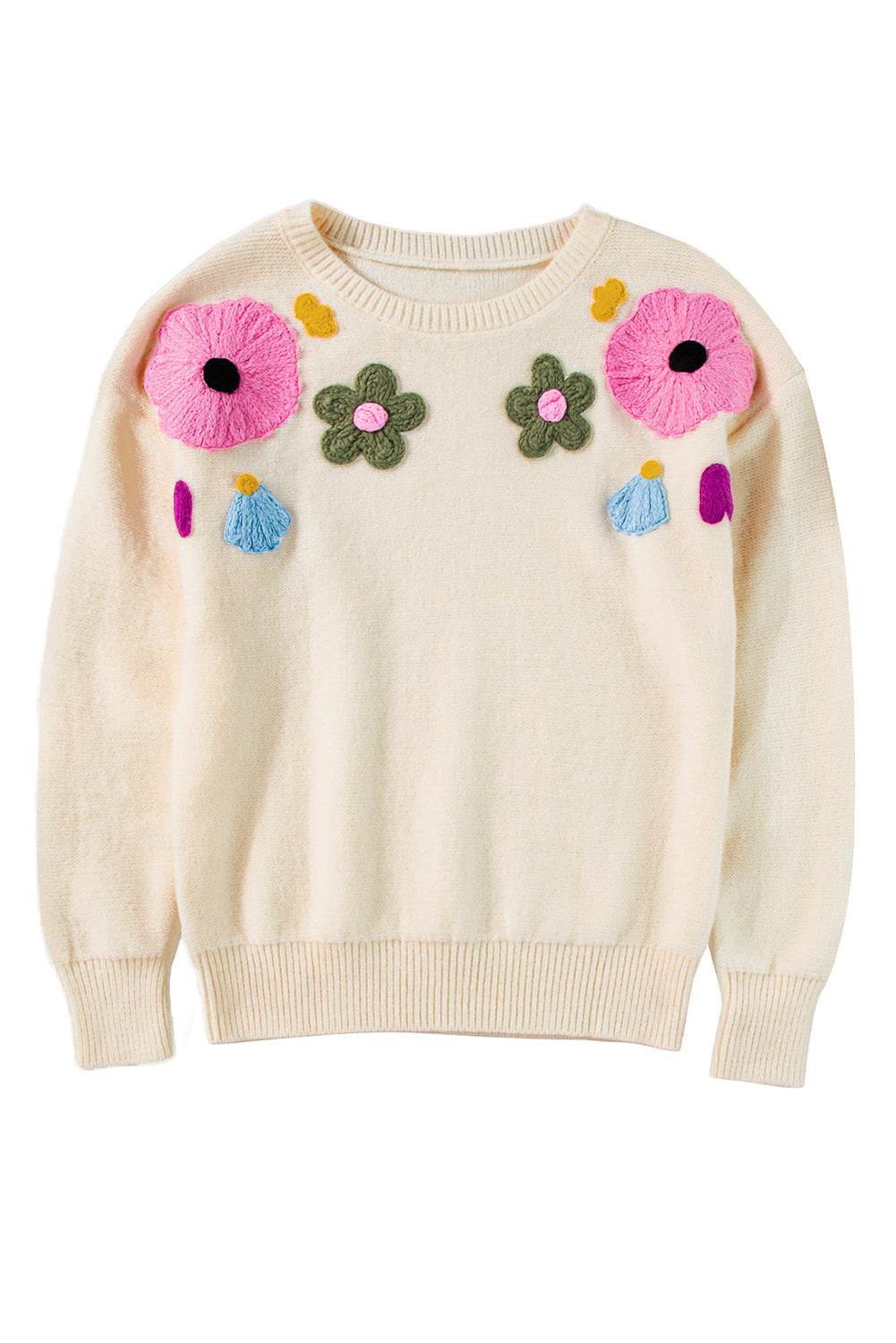 Veralyn strikket sweater med ribbede kanter og blomstermønster – Dame sweater