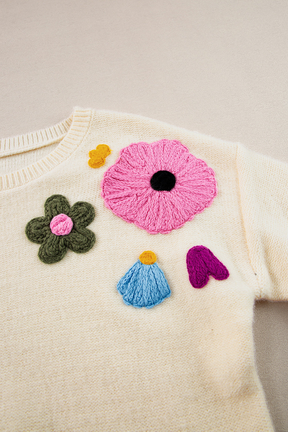 Veralyn strikket sweater med ribbede kanter og blomstermønster – Dame sweater