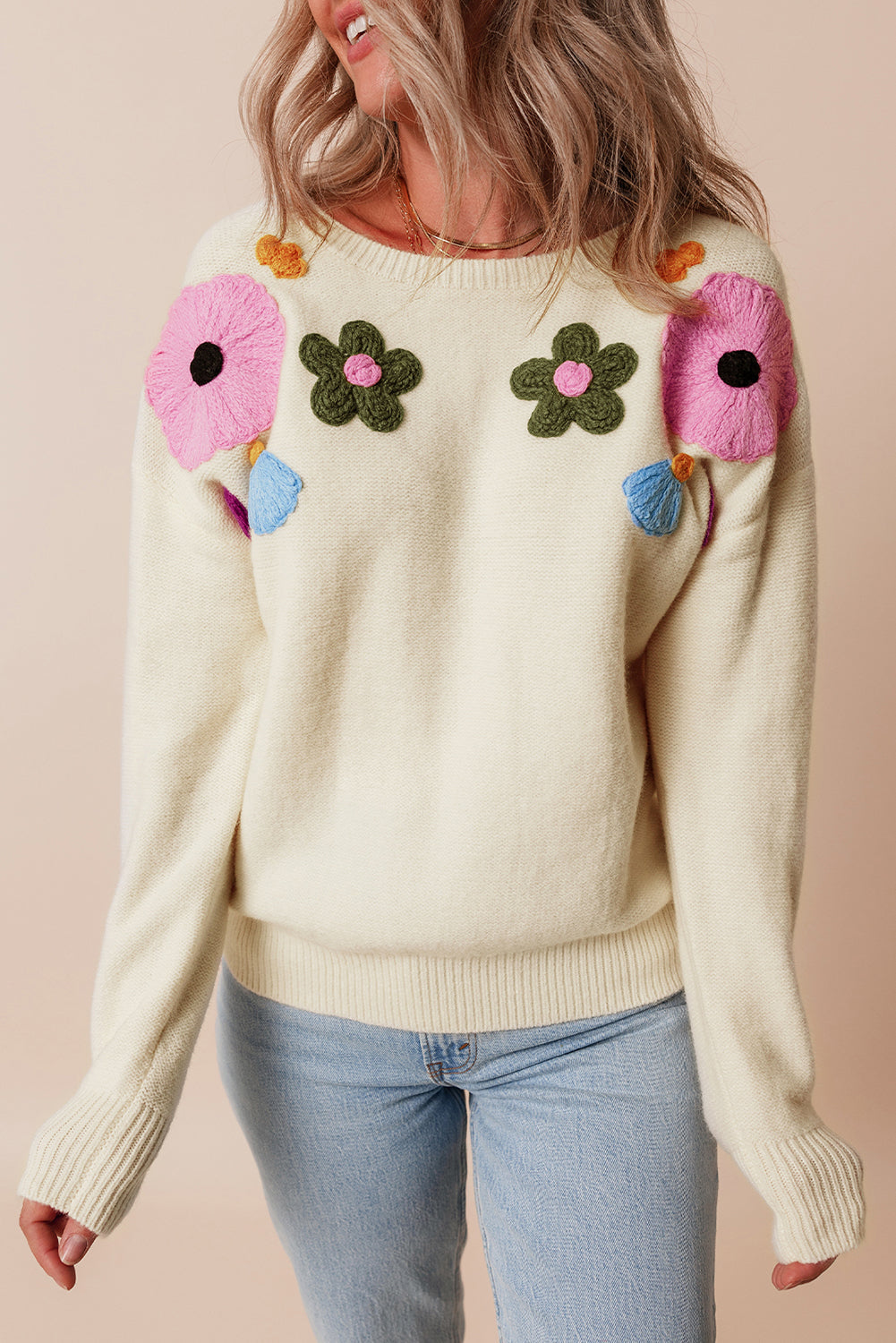 Veralyn strikket sweater med ribbede kanter og blomstermønster – Dame sweater