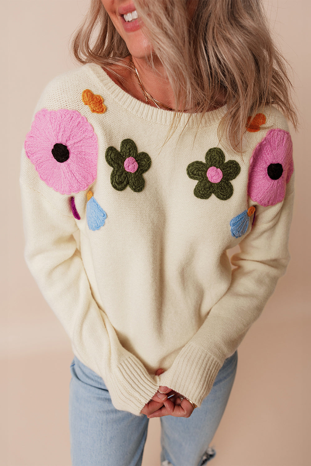 Veralyn strikket sweater med ribbede kanter og blomstermønster – Dame sweater