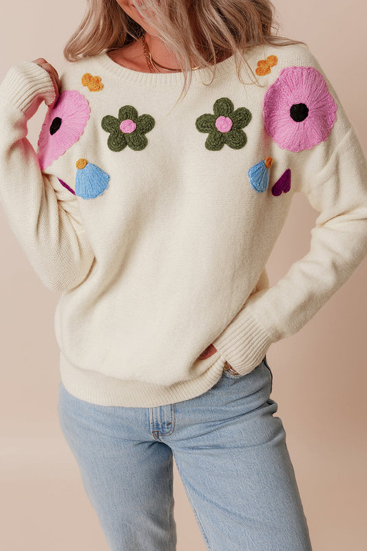 Veralyn strikket sweater med ribbede kanter og blomstermønster – Dame sweater