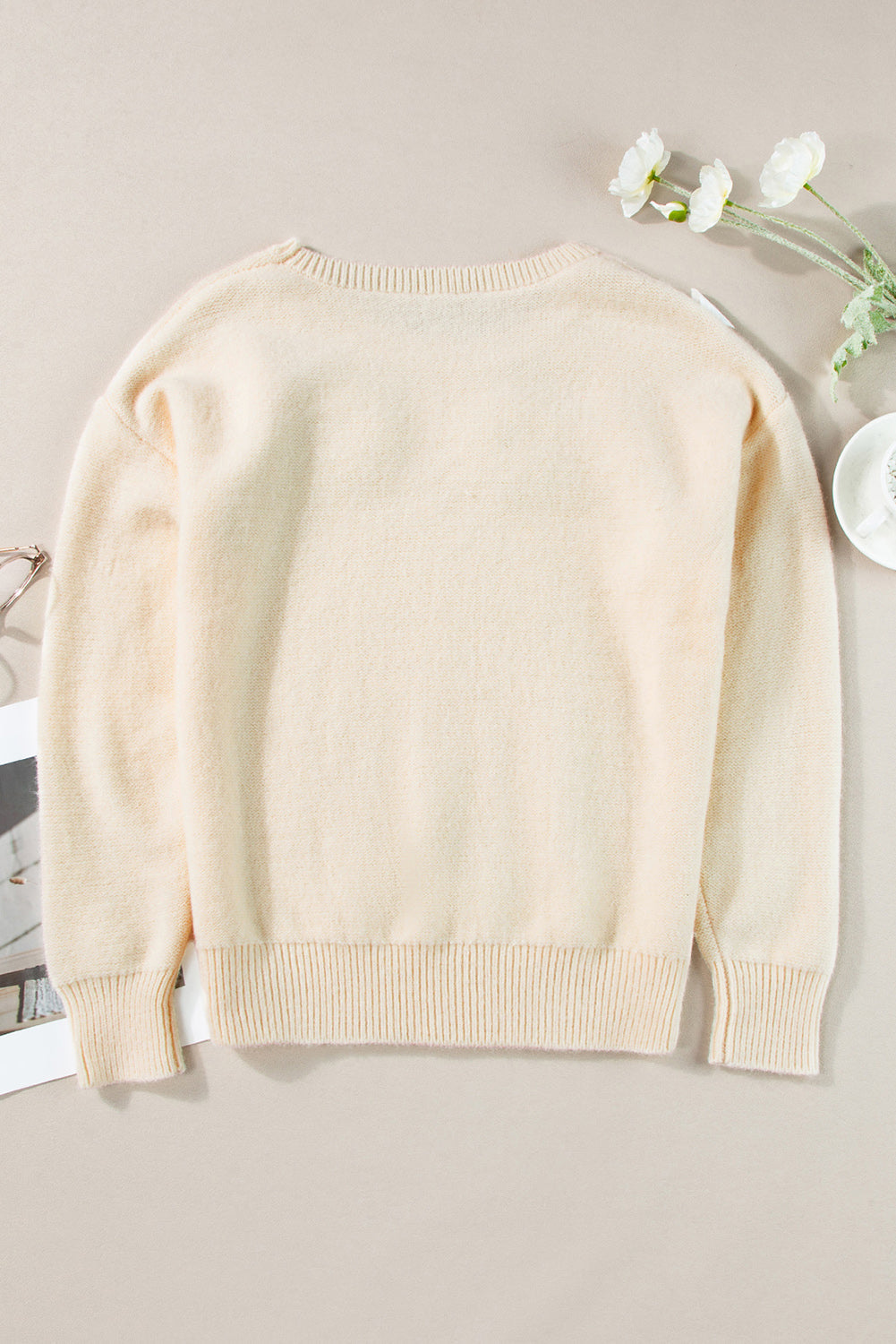 Veralyn strikket sweater med ribbede kanter og blomstermønster – Dame sweater