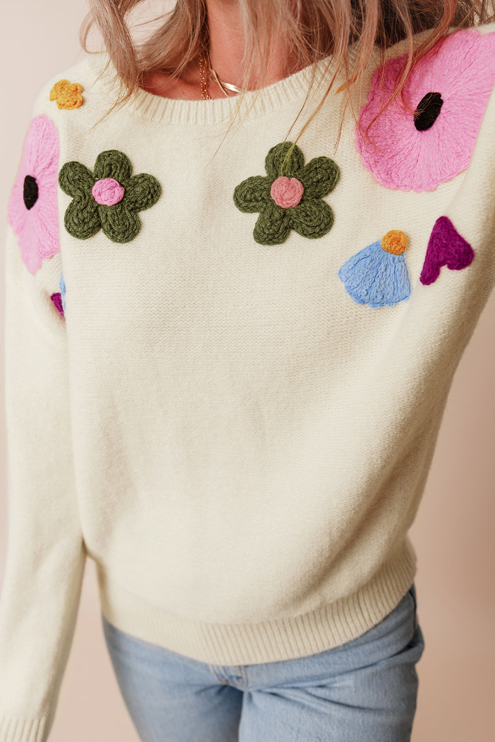 Veralyn strikket sweater med ribbede kanter og blomstermønster – Dame sweater