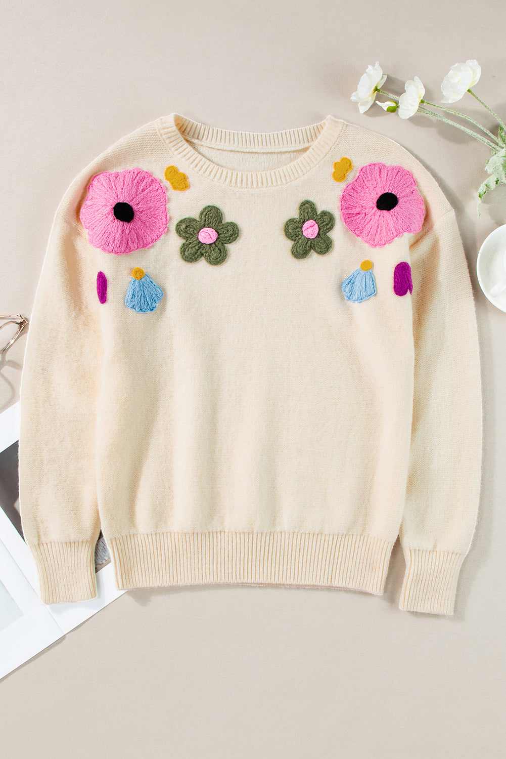 Veralyn strikket sweater med ribbede kanter og blomstermønster – Dame sweater