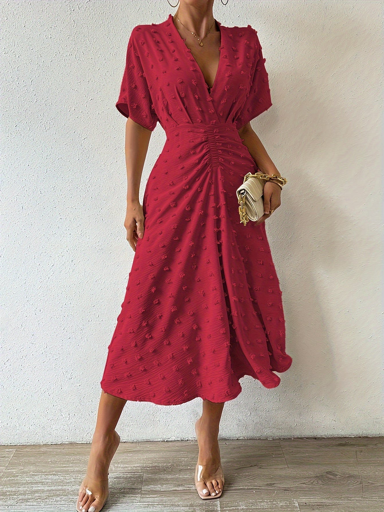Felicia – Polka Dot Midi Dress with Elegant Ruching Detail