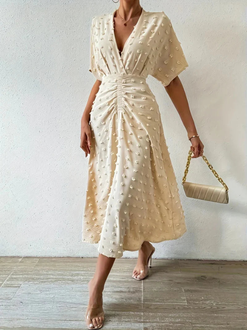 Felicia – Polka Dot Midi Dress with Elegant Ruching Detail