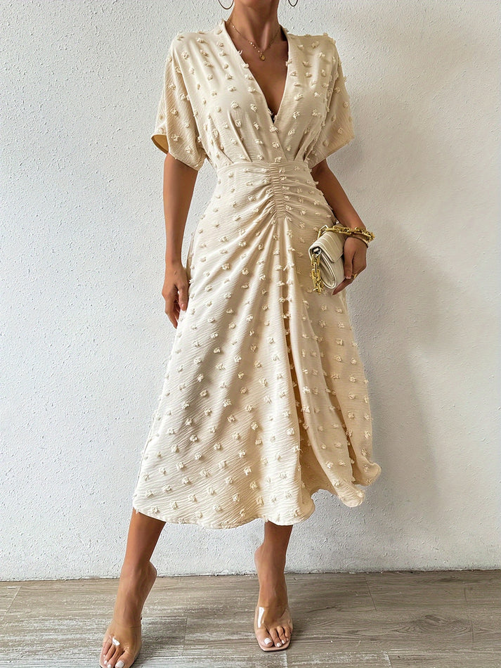 Felicia – Polka Dot Midi Dress with Elegant Ruching Detail