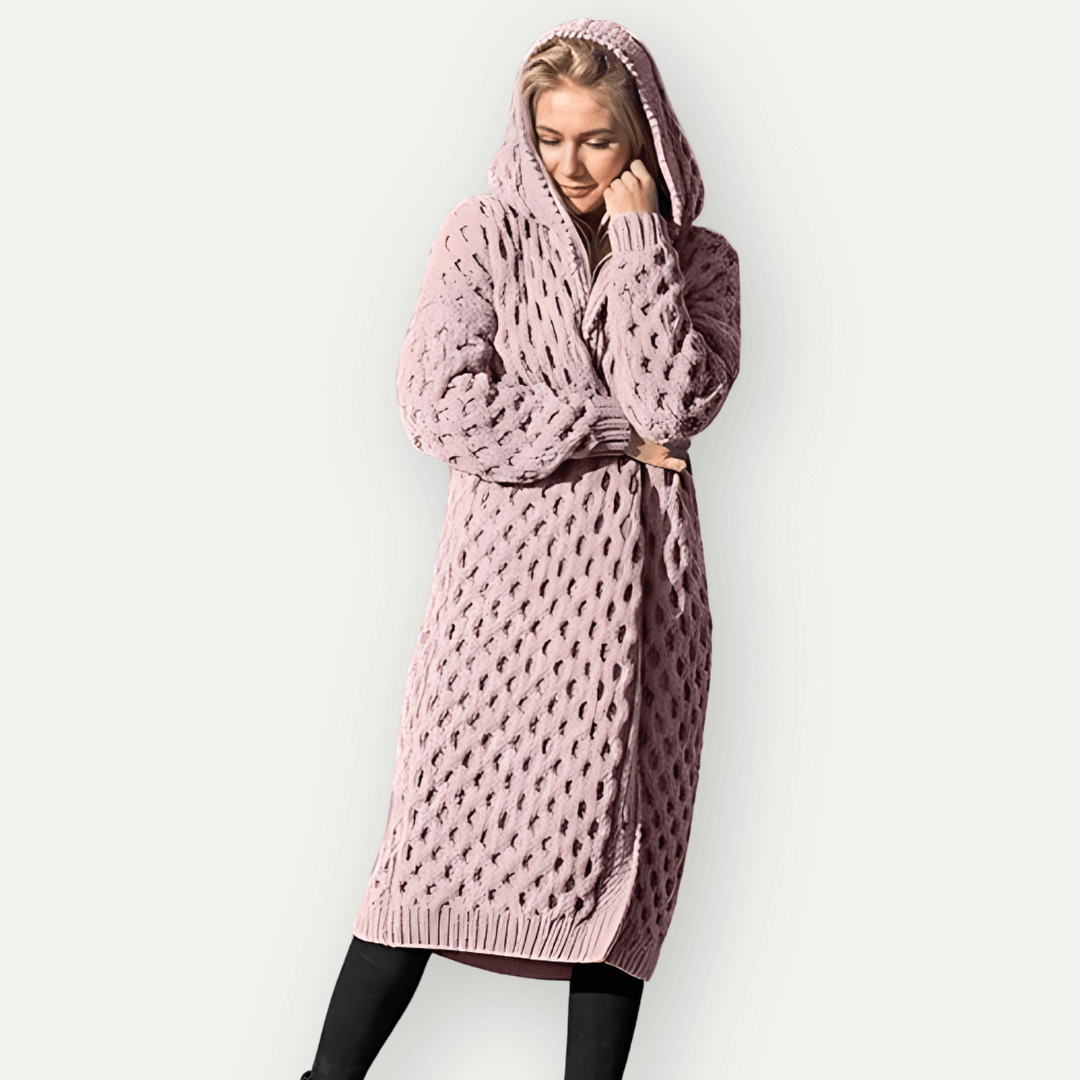 Down Jacket with Hood – Relaxed Fit, Long Cable Knit Open Front
