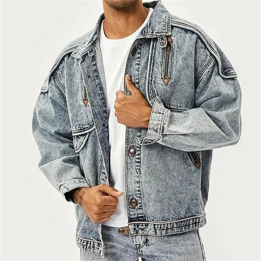 Jonathan – Stylish Denim Jacket with Shoulder Zipper and Chest Pockets