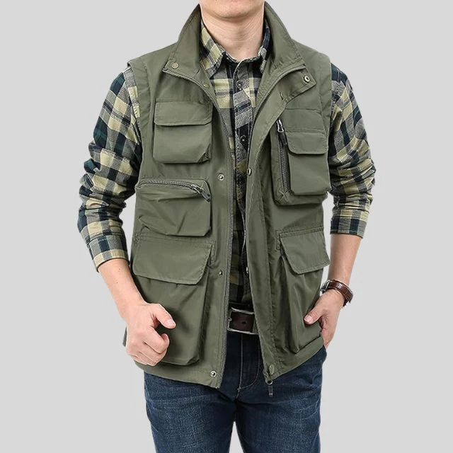 Men's Vest with Cargo Pockets – Regular Fit with Zipper and Snap Button Closure