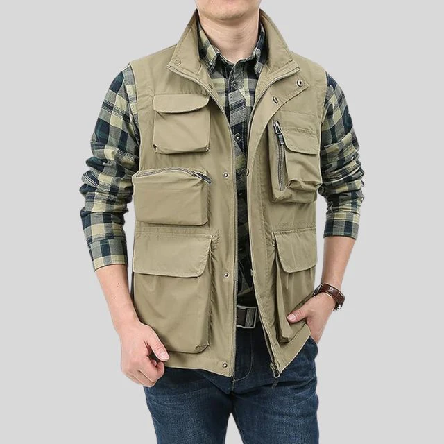 Men's Vest with Cargo Pockets – Regular Fit with Zipper and Snap Button Closure