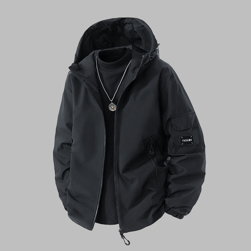 Men's Jacket – Relaxed Fit with Hood, Adjustable Waist, and Multiple Zipper Pockets