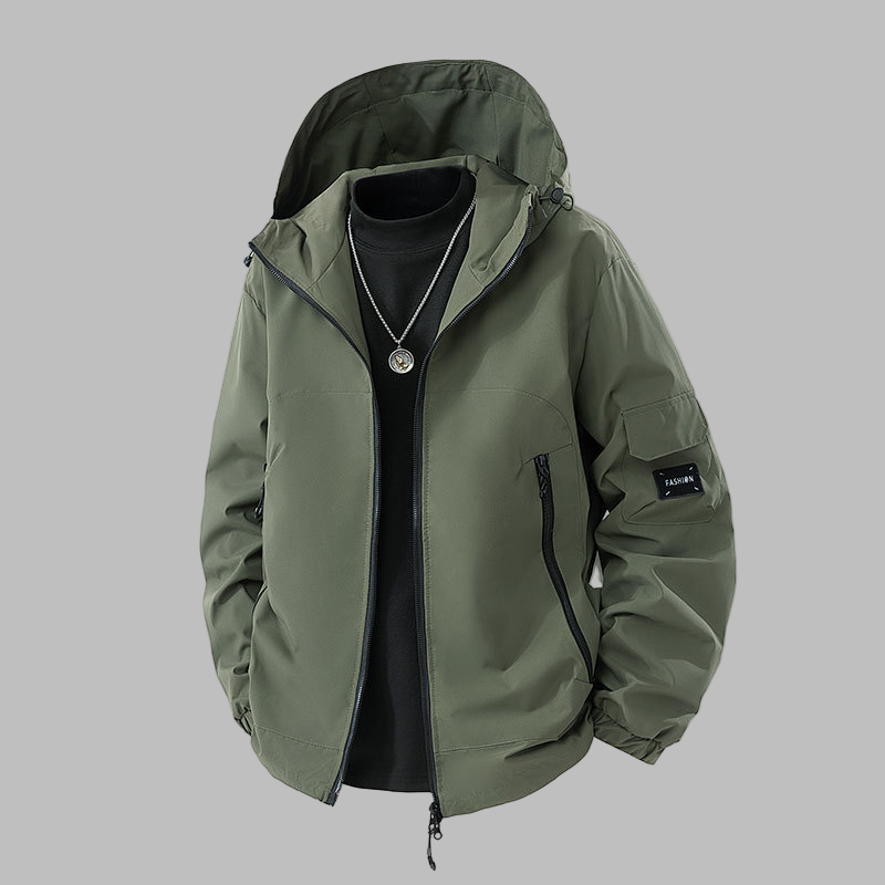 Men's Jacket – Relaxed Fit with Hood, Adjustable Waist, and Multiple Zipper Pockets